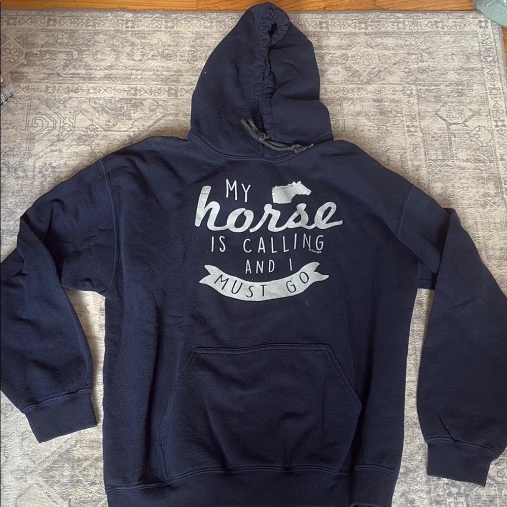 Stirrups Navy Blue Hoodie with Horse Graphic